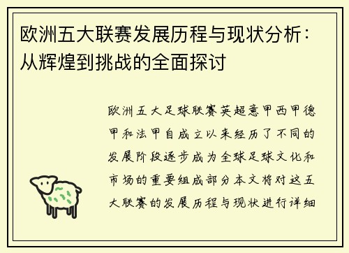 欧洲五大联赛发展历程与现状分析：从辉煌到挑战的全面探讨